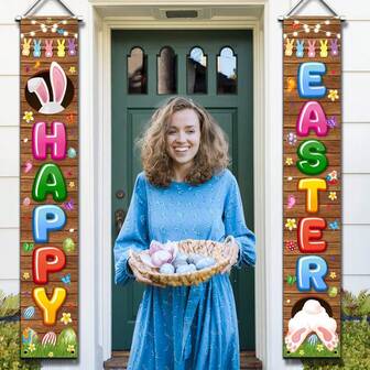 2pcs Easter Party Supplies - Happy Easter Porch Sign Banner, Happy Easter Front Door Hanging Welcome Banner, Suitable For Spring Easter Bunny Door Decor, Pennant Banner, No Power Required