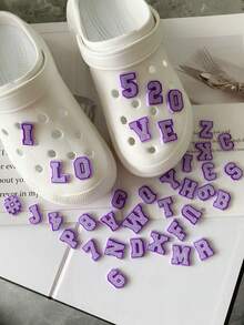 1/10/26 piezas Botones decorativos de plástico blando y desmontable con diseños creativos de letras y números, adecuados para zapatos de jardín, bolsos y accesorios - Morado - Ver 4