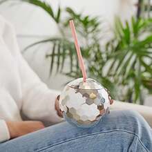Blush Silver Disco Ball Cup con tapa y pajita, 16 onzas, juego de 1 unidad, suministros de fiesta(Bola de discoteca plateada) - Multicolor - Ver 5