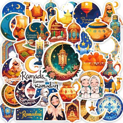 50Pcs Moon Stickers, Vinyl Waterproof Ramadan Stickers Pack For Laptop Bumper Skateboard Water Bottle Computer Party Decoration, Ramadan Supplies For Teens Adults