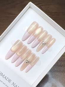 Pure Handmade Wearable Nails; Thin High Heels Nail Shape; Handmade Hand-Painted Pink Cat Eye French Nails; High-Quality Temperament Simple Design, Autumn And Winter Nails, Full Coverage False Nails, Y2K Nails, Unique And Niche Creative False Nails, Daily Nails, Cute Modern Style Nails, Daily Use, Detachable And Reusable. - Multicolor - View 5