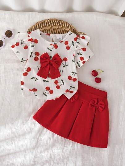 2pcs/Set Baby Girls' Cherry Print Bow Decor Short Sleeve Top And Bow Decor Skirt Casual Outfit