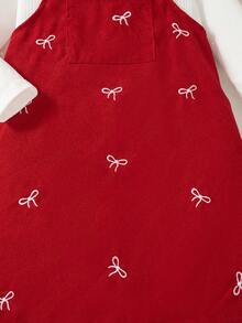 Girls Valentine's Day Solid Ribbed Ruffle Trim Long Sleeve Top + Bow Embroidered Corduroy Suspender Skirt - Red - View 5