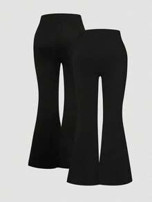 2条装女童纯色休闲高腰裤，舒适透气 - 黑色 - 查看 2