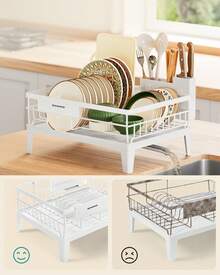 SONGMICS Escurreplatos, Escurridor para Encimera de Cocina, Giratorio 360° y Extensible, con Soporte para Cubiertos, 31 x 42 x 18,5 cm, Blanco Nube - Blanco - Ver 3