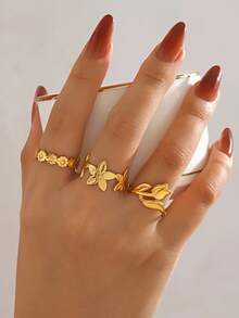 3件套不锈钢镀18K金时尚玫瑰花戒指套装，适合女性日常佩戴、约会、节日礼物 - 彩色 - 查看 7