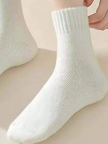 5 Pairs Unisex White/Grey/Black Ribbed Cuff Thick Socks, Soft Knit Fabric, Warm & Breathable, Comfortable Casual Mid-Calf Socks, Suitable For Daily Wear, Office Commute And Leisure Outings, A Perfect Gift For Valentine's Day For Your Loved One - White - View 8