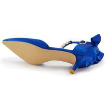 Womens Pearl Ankle Strap Pumps Low Kitten Heel D'Orsay Satin Back Tieknot Heels Pointed Toe Wedding Party Dress Shoes - Xanh đậm - Xem 7