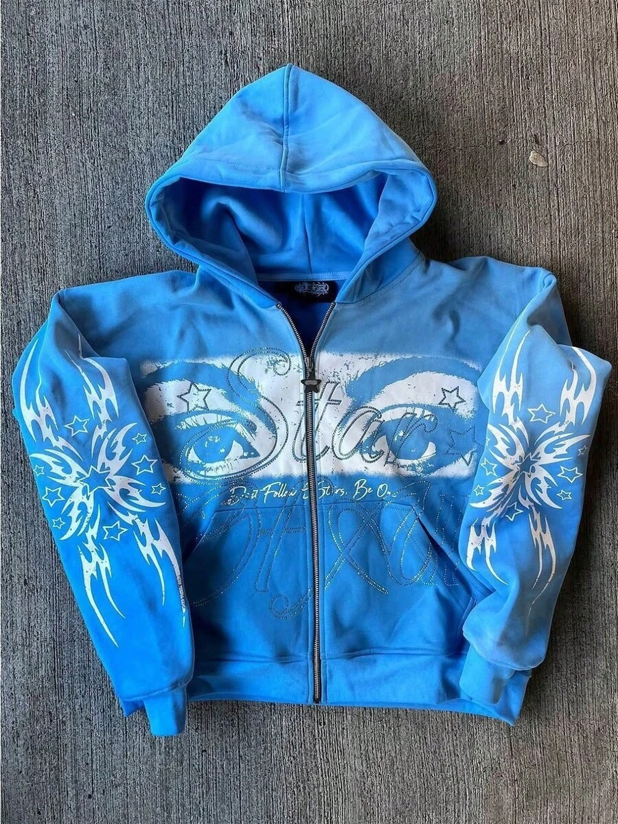 Vintage Street Hip-Hop Style Eye-Patterned Print Zip-Up Hoodie Long-Sleeved Cardigan Hooded Jacket Men's Gothic Baggy Coat, Unisex Shirt - 藍色 - 查看 1
