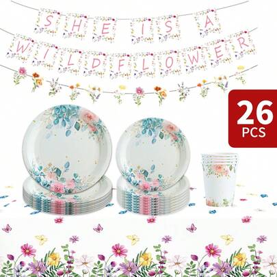 White Base Green Leaf Pink Flower Disposable Plate, Cup, Tablecloth And Banner Set, Party Supplies Set Suitable For 8 Guests, Disposable Paper Plate Party Tableware Suitable For Birthday, Wedding, Theme Party, Family Picnic