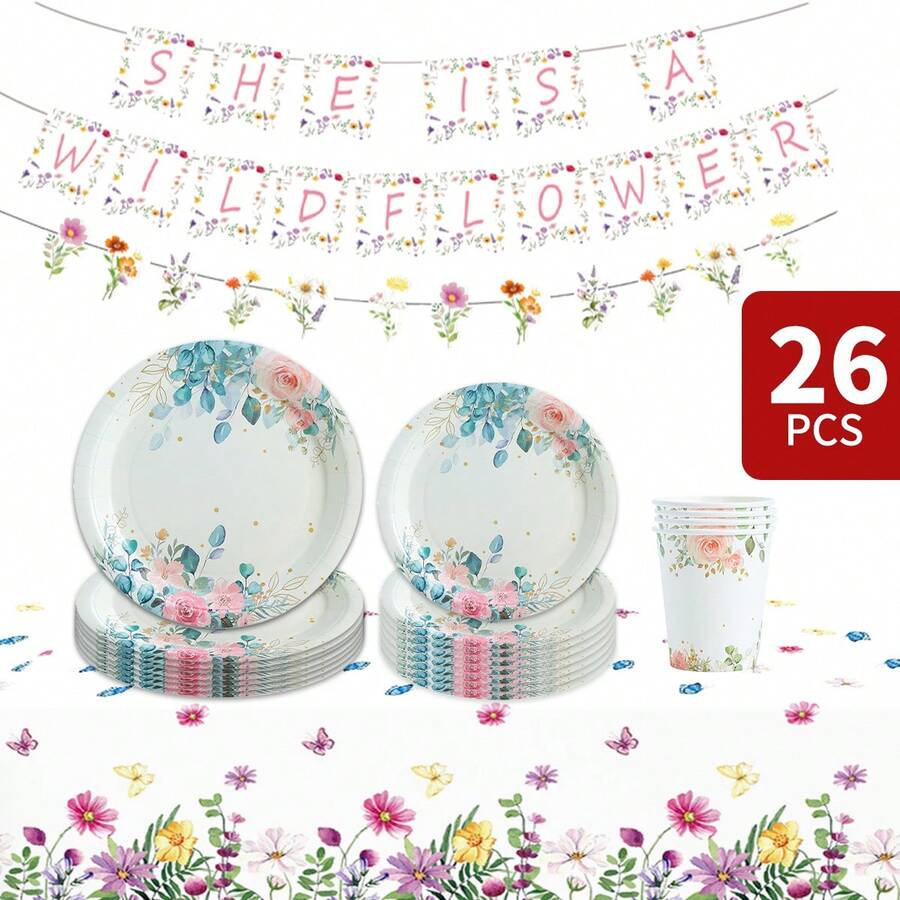 White Base Green Leaf Pink Flower Disposable Plate, Cup, Tablecloth And Banner Set, Party Supplies Set Suitable For 8 Guests, Disposable Paper Plate Party Tableware Suitable For Birthday, Wedding, Theme Party, Family Picnic - Multicolor - View 1