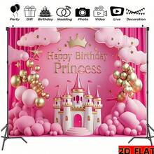 1pc Pink Princess Castle Happy Birthday Party Banner - Fantasy Polyester Backdrop For Room, Wall & Photo Decor, With Gold Balloons, Stars & Flags - Multicolor - View 2