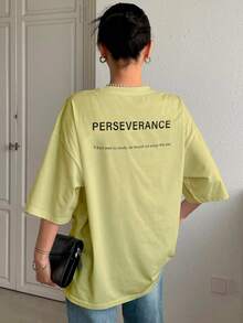 T-Shirt With "Perseverance" Print Lettering. Minimalist, Casual, Modern, Sophisticated, Simple, Basic, Summer, Oversized. - Yellow - View 2