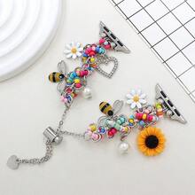 1 pieza Nuevo brazalete de reloj de moda con cuentas de girasol y abeja de colores, compatible con Apple Watch de 40mm, 44mm, 38mm, 41mm, 42mm (S10), 42mm, 45mm (S10), 46mm, 49mm, accesorio lindo de dopamina, compatible con Series 11 Ultra, 3, SE3 Ultra, 2, S10, SE2, 9, 8, 7, SE, 6, 5, 4, 3, 2, excelente para regalos de Acción de Gracias, Halloween, Navidad - Color rosa - Ver 3