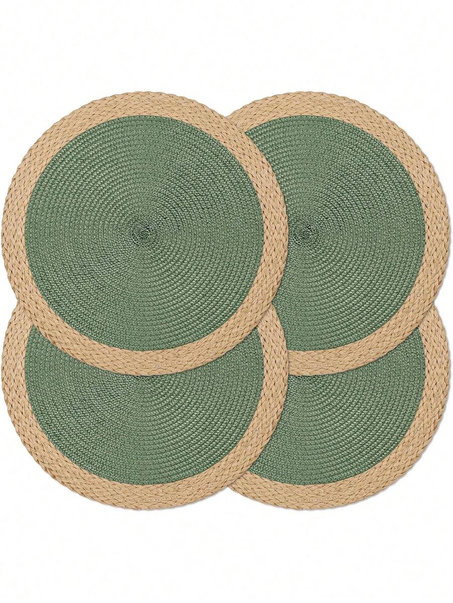 15英寸圆形绿色编织餐垫套装（4/6件），圆形PP编织餐垫，宽纸边，可水洗，可擦拭，耐热，适合节日派对、室内外日常使用。