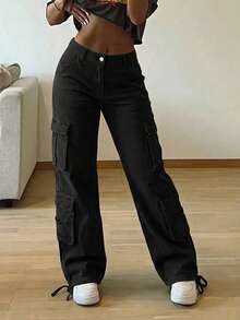 Women's Mid Waist Cargo Jeans With Multi Pockets, Wide Leg Loose Fit Denim Pants With Adjustable Hem - 黑色 - 查看 1
