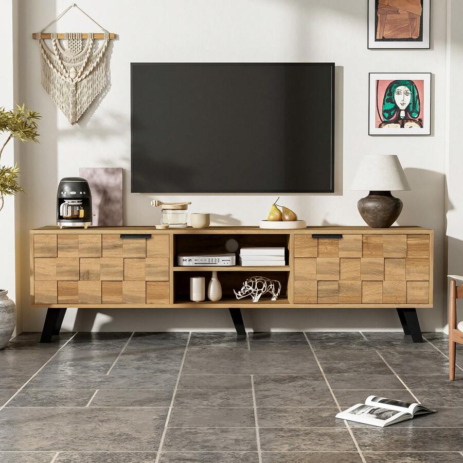 Modern TV Unit With 2 Doors And 2 Open Compartments – 160.5 X 35.5 X 45 Cm - Wood Color + Particleboard - View 1