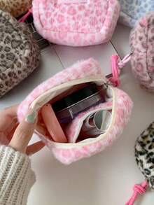 Leopard Print Fluffy Plush Mini Storage Pouch, Portable Zipper Sanitary Napkin Cosmetic Lipstick Organizer Bag, Makeup Coin Purse For Daily Travel Use - Multicolor - View 5