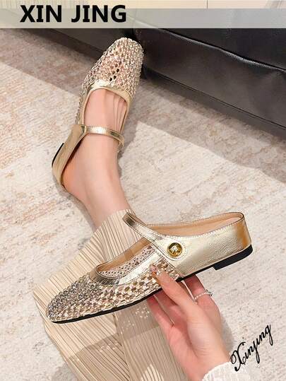 Xin Jing Shoes Women's Square Toe Shoes, Fashion Versatile Net Rhinestone Sexy Party Platform Slip-On Casual Commute Sandals