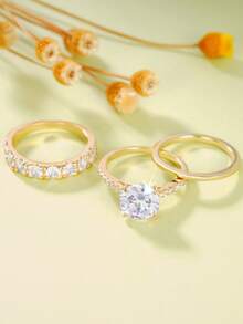 3pcs Set Luxury Alloy Cubic Zirconia Stackable Rings For Women, Suitable For Daily Wear, Engagement, Anniversary, Candlelight Dinner Date - Three Piece Set - View 6