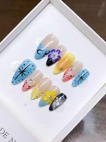 Pure Handmade Wearable Nails Almond Nail Shape; Hand-Painted Red French Nails, High-Quality Temperament Simple Design Nails, Autumn And Winter Nails Full Coverage False Nails, Y2K Nails, Unique And Niche Creative False Nails, Daily Nails, Cute Modern Style Nails, Daily Use, Detachable Wear And Reusable - Multicolor - View 13