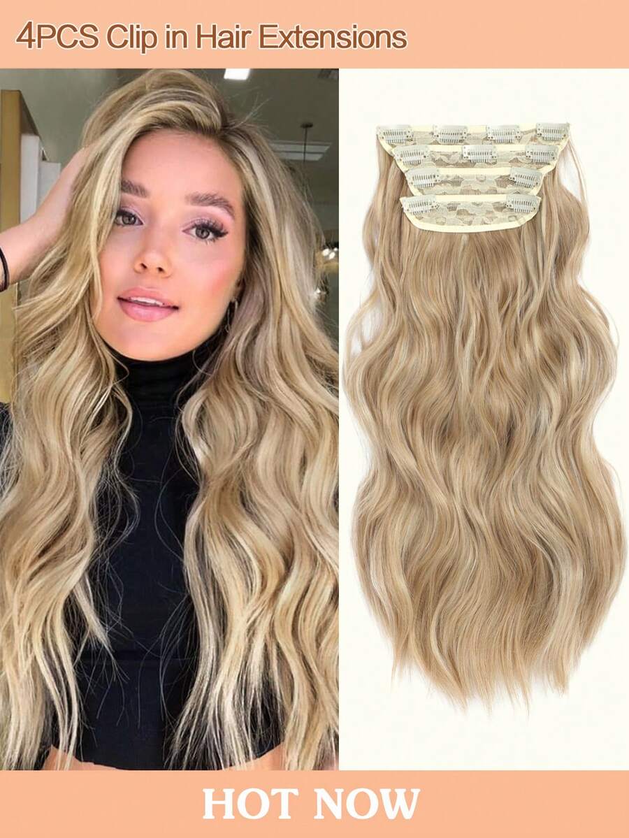 4PCS Clip In Hair Extensions 20inch Wavy Hair Extensions Clip Ins Dirty Blonde With Brown Highlights Hair Extensions Full Head Synthetic Hair Pieces For Women Natural Luster