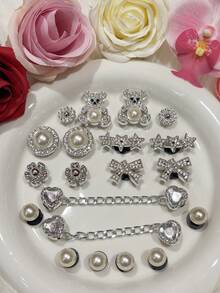 20pcs/Set New Fashion Original Heart Chain Pearl Cute Diamond Bear Series DIY Hole Shoes Decorative Accessories - Diamond Pentagram, Bow, Large Pearl, Detachable Shoe Buckle Accessories, Cute ABS Plastic Pearl Hole Shoes Buckle For Beach, Home, Outdoor, Summer - Ginger - View 7
