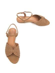 女士时尚细带拼接装饰卡其色PU材质舒适圆头无后跟搭扣踝带休闲平底凉鞋 - 卡其色 - 查看 4