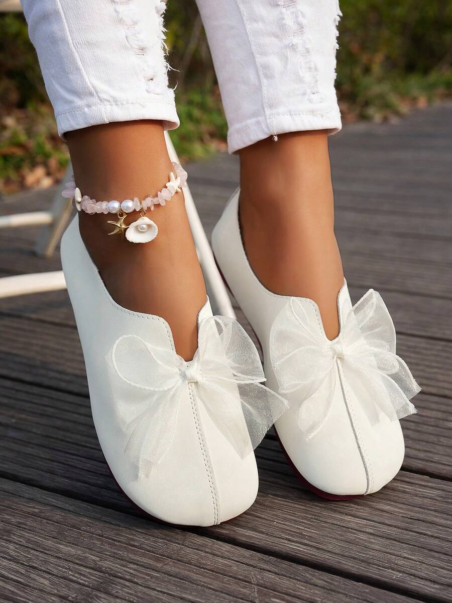 Women's Casual Solid Color Soft-Sole Round Toe Ballerina Flats With Bow Decoration, Fashion Slip-On Loafers - 白色 - 查看 1