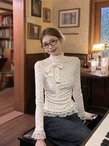 春季韩版优雅蕾丝下摆波点蝴蝶结长袖T恤 - 白色 - 查看 6