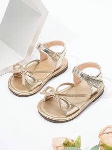 1 Pair Of Stylish And Cute Baby Girl Sandals With Bow Design, Perfect For Summer Flat Shoes. - Gold - View 1