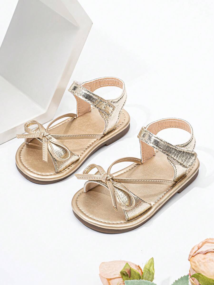 1 Pair Of Stylish And Cute Baby Girl Sandals With Bow Design, Perfect For Summer Flat Shoes. - Gold - View 1