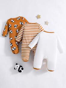 3 piezas Pelele de manga larga con pies estampado de panda y rayas, adecuado para todas las estaciones, para bebé niño - Camel - Ver 2