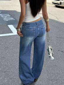 Women's Solid Color Denim Straight Pants With Invisible Zipper - Casual Slimming Body-Friendly - Dark Wash - View 7