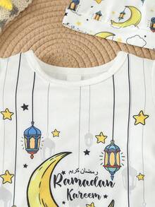 Infant Boys' Cute Ramadan Crescent Moon Lantern Print Hooded Romper, Spring/Summer - White - View 5
