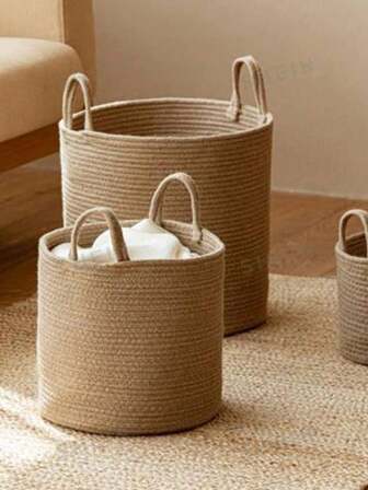 麻绳手工编织收纳篮 绳编深篮 可折叠收纳篮 脏衣服玩具杂物收纳篮 整理篮