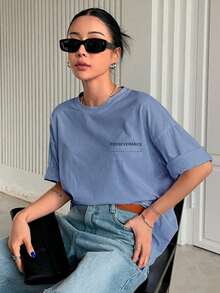 T-Shirt With "Perseverance" Print Lettering. Minimalist, Casual, Modern, Sophisticated, Simple, Basic, Summer, Oversized. - Baby Blue - View 6