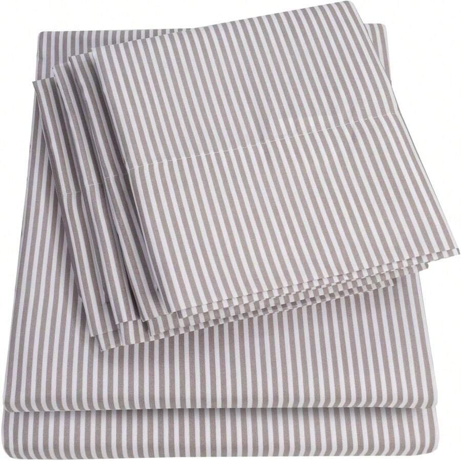 Queen Size Sheets for Bedroom, 1500 Thread Count Fine Brushed Microfiber, Deep Pocket, 2 Extra Pillow Cases, Classic Stripe Gray, Great Value - GRIS - Ver 1