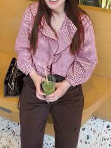 女士格子V领长袖宽松衬衫，方格纹面料，带荷叶边系带，休闲百搭，适合度假、日常、约会、上学、春夏穿着。 - 酒紅色 - 查看 4
