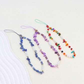 彩色石珠手机挂绳，石头吊坠，紫色/蓝色手腕带，蓝牙USB个性时尚挂绳，随机颜色户外休闲日常配饰