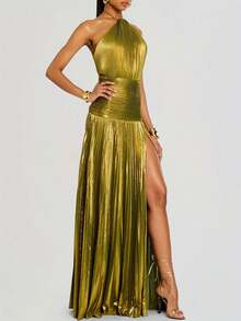 Magic Mia Metallic Pleated Maxi Gown -Glitter Green Halter Neck Slit Maxi Dress, Elegant Evening Dress For Galas & Holiday Parties & Fomal Evening - 綠色 - 查看 2