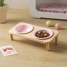 纯色木质飞碟宠物碗，带木质支架，双碗设计，颈部保护，防溢漏，猫狗粮水碗，宠物用品 - 300ml - 查看 2