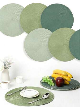 3pcs/6pcs 15-Inch Round Woven Placemats, Light Color Dining Table Placemats, Round Placemats For Dining Table, Sage Green, Suitable For Dining Table, Round Dining Room, Kitchen, Birthday Party, Wedding Party, Holiday Theme Party