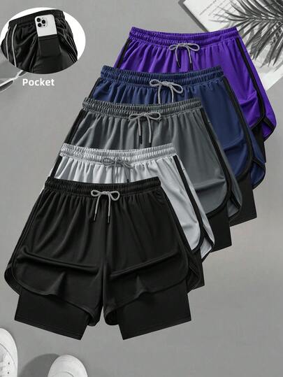 2-In-1 Men's Sports Shorts, Solid Color Elastic Lining, With Phone Pocket, 2 In 1, Suitable For Running, Sports, Yoga, Fitness In Summer