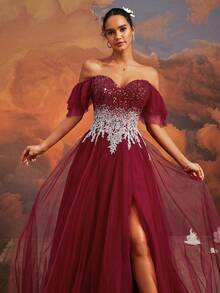 VIPGIRL Heavily Beaded Long Evening Gown, High-End Formal Banquet Party Elegant Maxi Dress With Train - Burgundy - View 5