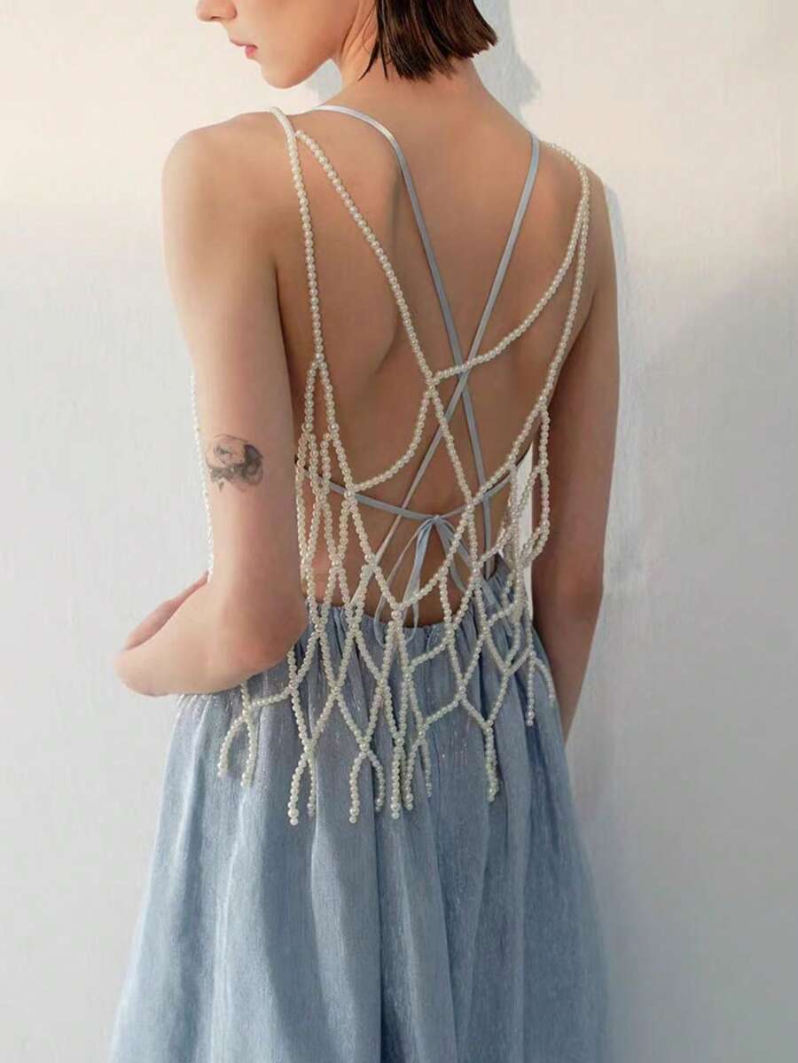 1件优雅女士白色仿珍珠手工钩编身体链，适合派对或时装秀礼物 - 白色 - 查看 1