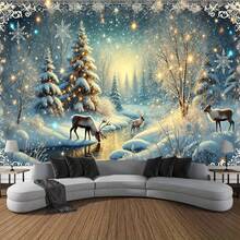 Uma Tapeçaria de Inverno Extra Grande - Floresta Nevada com Veados, Cenário de Inverno - Decoração de Parede Extra Longa com Elegantes Árvores e Rios Cobertos de Neve - Cores Suaves de Azul e Dourado de Inverno - Adequada para Sala de Estar, Quarto, Escritório, Natal, Casamento, Festa - Com Tiras Adesivas para Pendurar Facilmente - Durável - Decoração de Parede para o Lar no Inverno, Cenário de Natal Temático de Inverno, Decoração de Natal Vintage, Cenário Temático de Boneco de Neve - Multicolorido - Visão 9