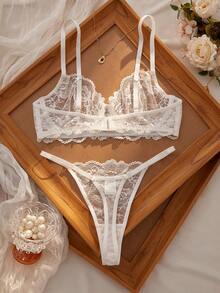 性感内衣情人节新娘礼服：欧美法式白色蕾丝文胸套装，中心蝴蝶结带粘性钢圈固定胸罩+日式蕾丝丁字裤，透气孔设计，春夏穿着不闷热，舒适顺滑 - 白色 - 查看 5
