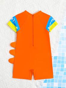 Young Boy Dinosaur Print Sleeveless One-Piece Swimsuit, Summer Beach Vacation - Burnt Orange - View 2