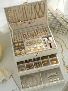 1pc Luxury Diamond Pattern Lockable Jewelry Box, Multi-Layer Jewelry Storage Box, Earring Organizer, Vanity, Bedroom Accessory, Home Organization & Storage, Room Decor, Gift For Women - Multicolor - View 4